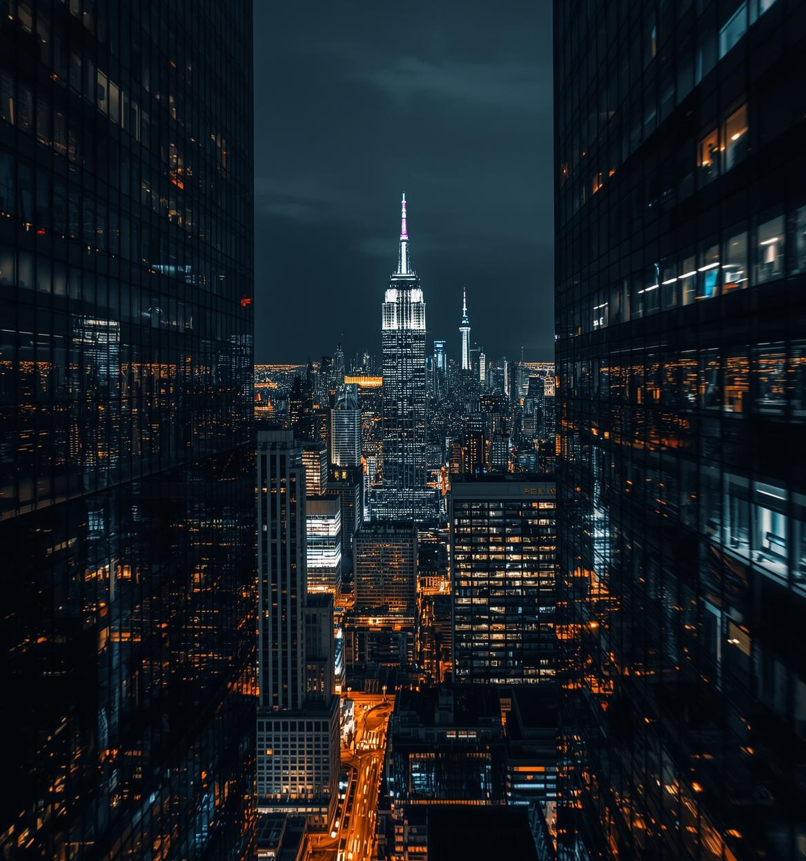 New York City-style skyline at night